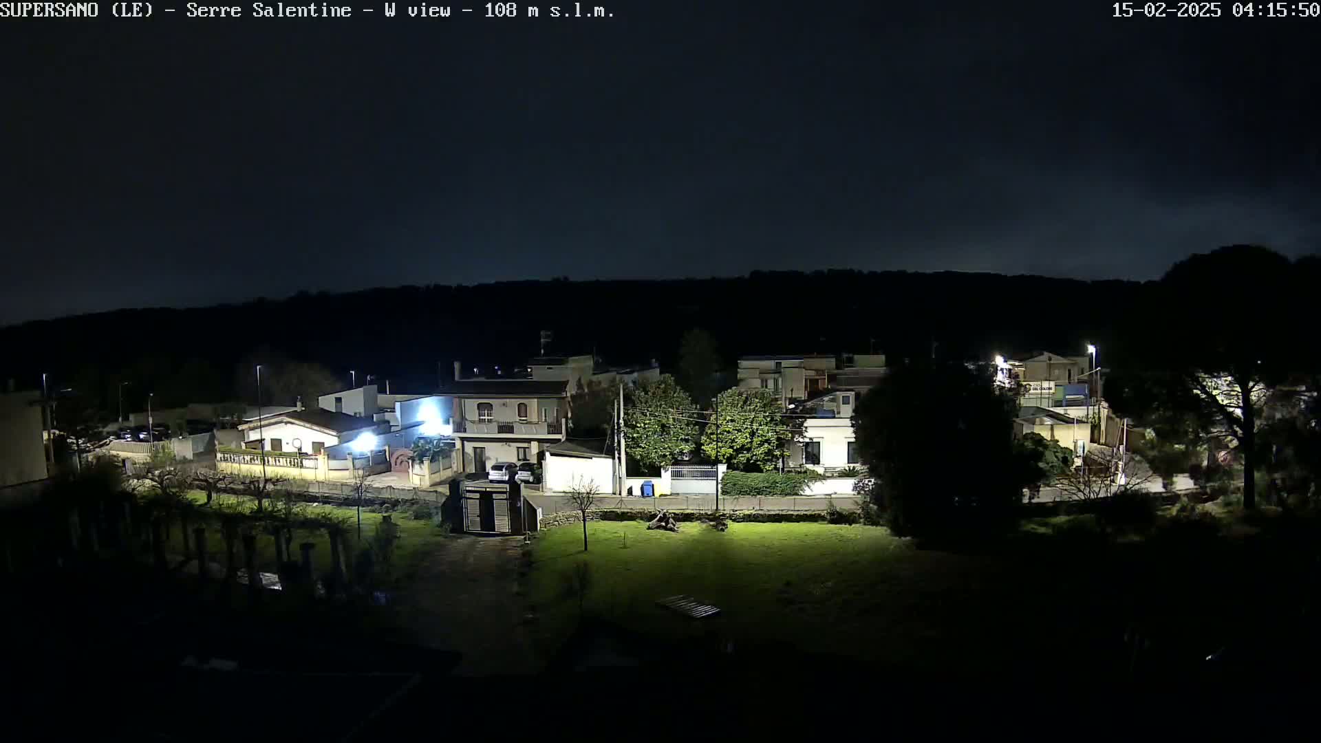 A nighttime view of a residential area with houses illuminated under a dark sky.