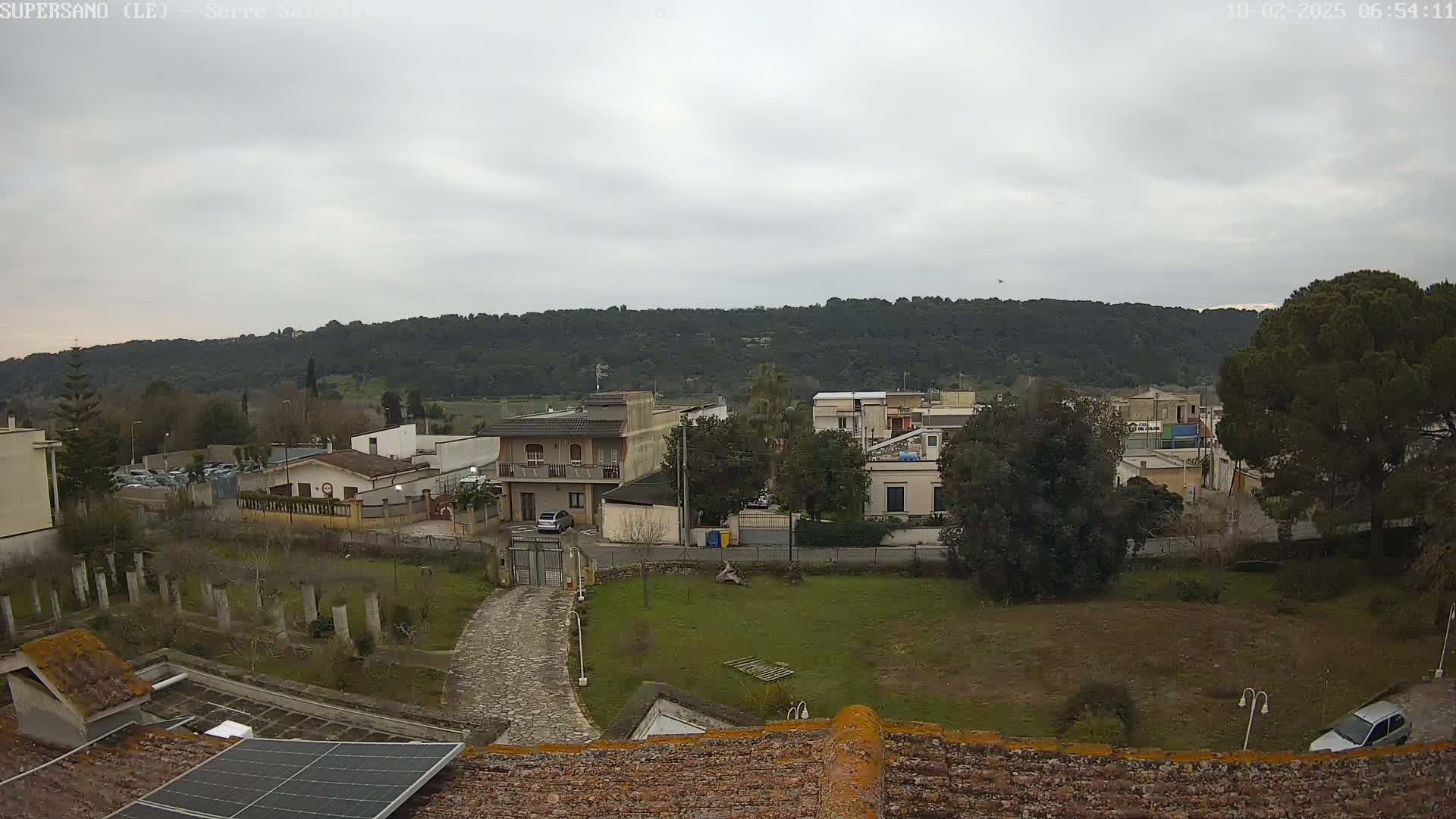 A view from a rooftop shows a residential area with low buildings, a tree-lined road, and a hill in the background under an overcast sky.
