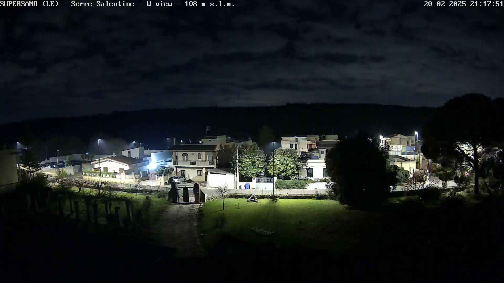 A nighttime view of a residential area under a cloudy sky shows houses illuminated by streetlights and surrounding trees.