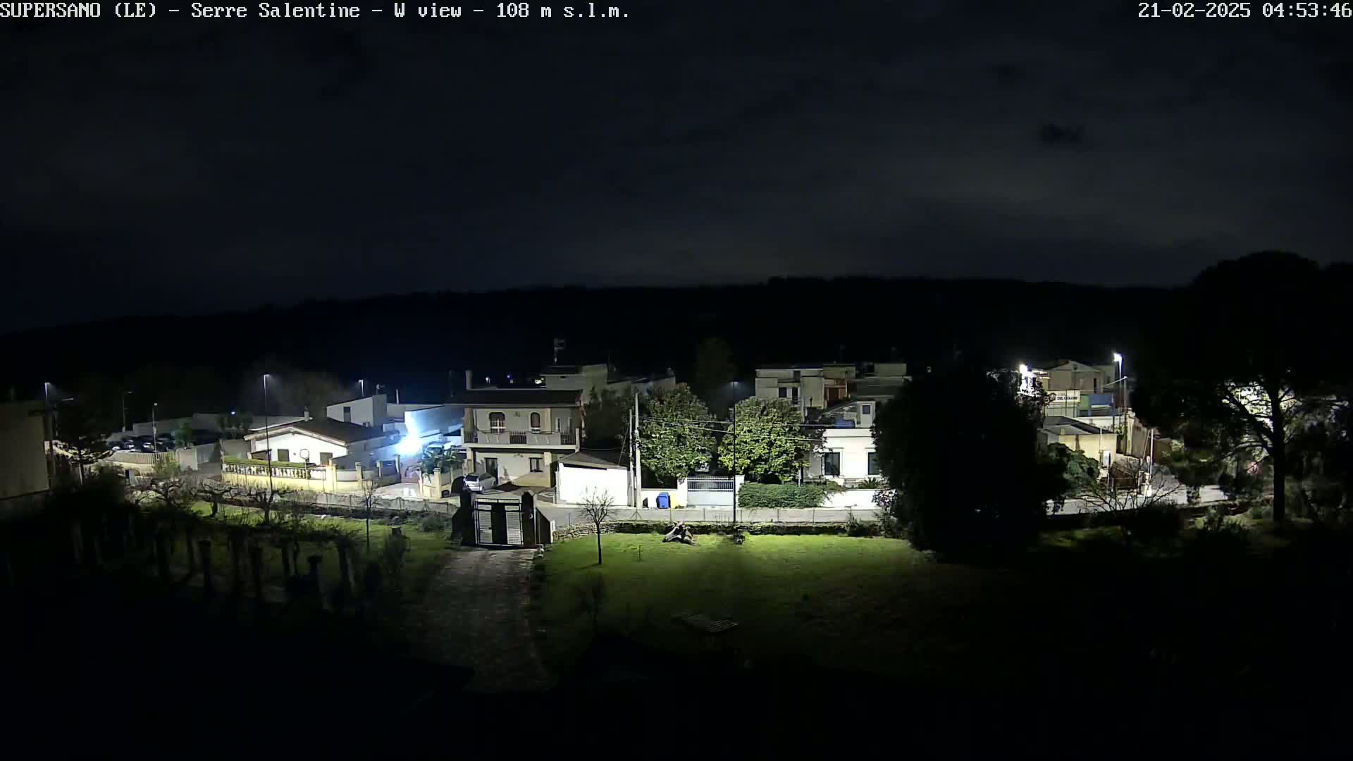 A nighttime view of a residential area under a partly cloudy sky shows houses illuminated by streetlights and surrounding trees.