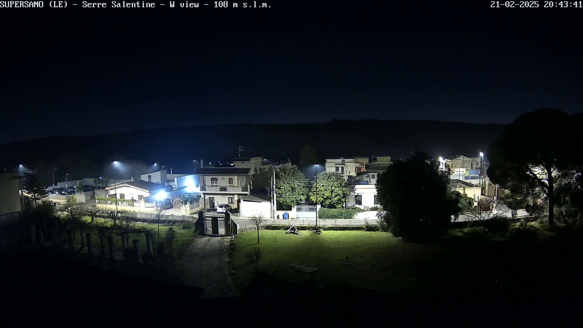 A nighttime view of a residential area, illuminated by streetlights, under a clear, dark sky.