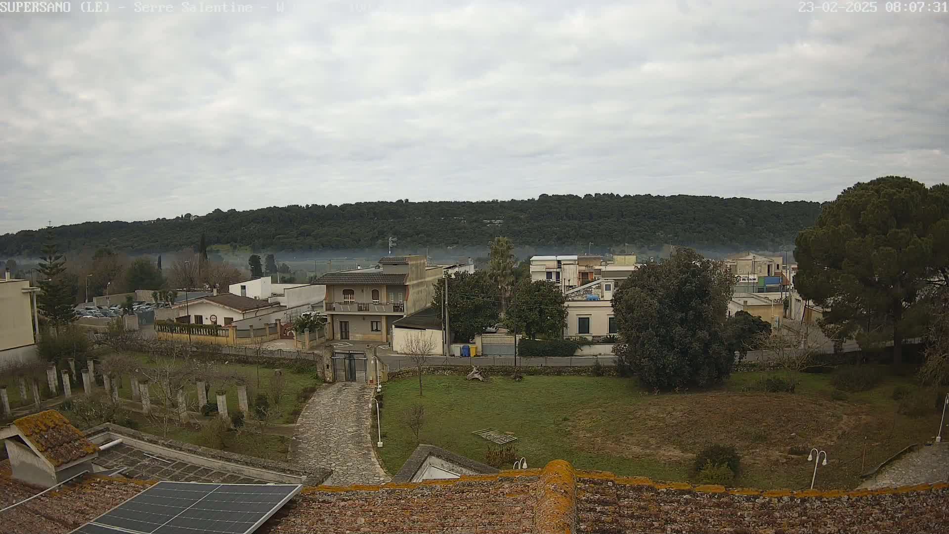 A hazy view of a residential area with low buildings and a hill covered in trees in the background under an overcast sky.