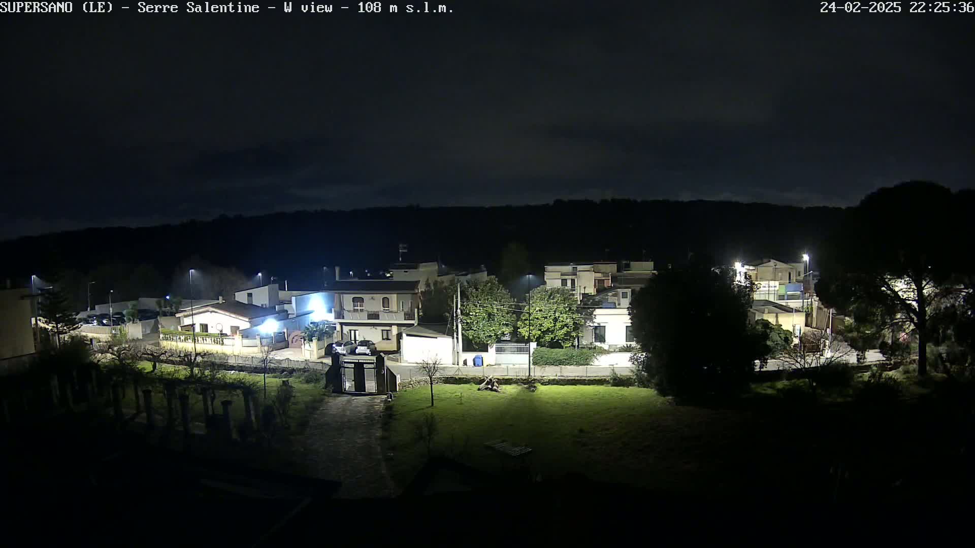 A nighttime view of a residential area with streetlights illuminating houses and trees under a partly cloudy sky.