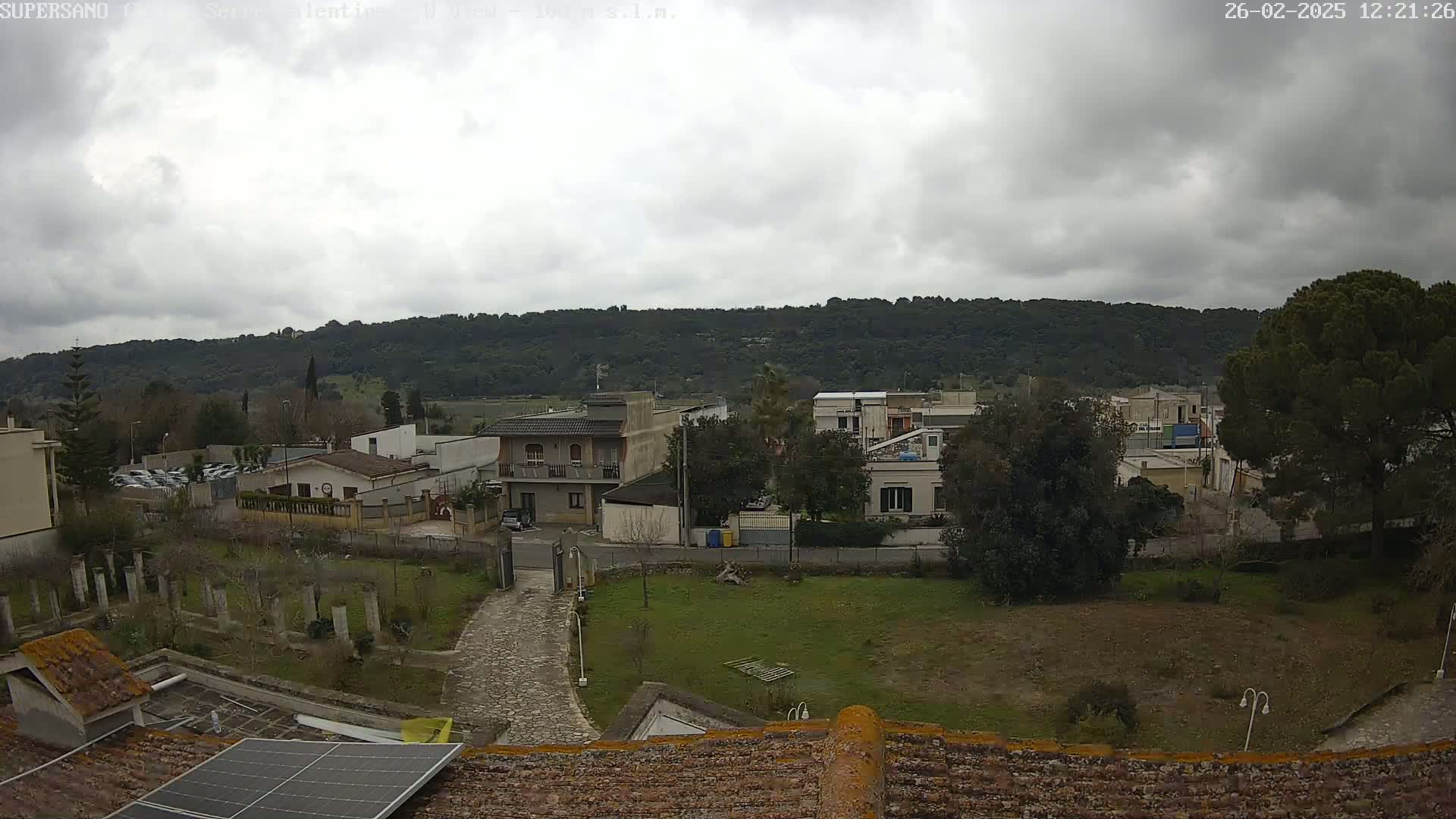 A view from a rooftop shows a residential area with overcast skies and a tree-covered hill in the background.