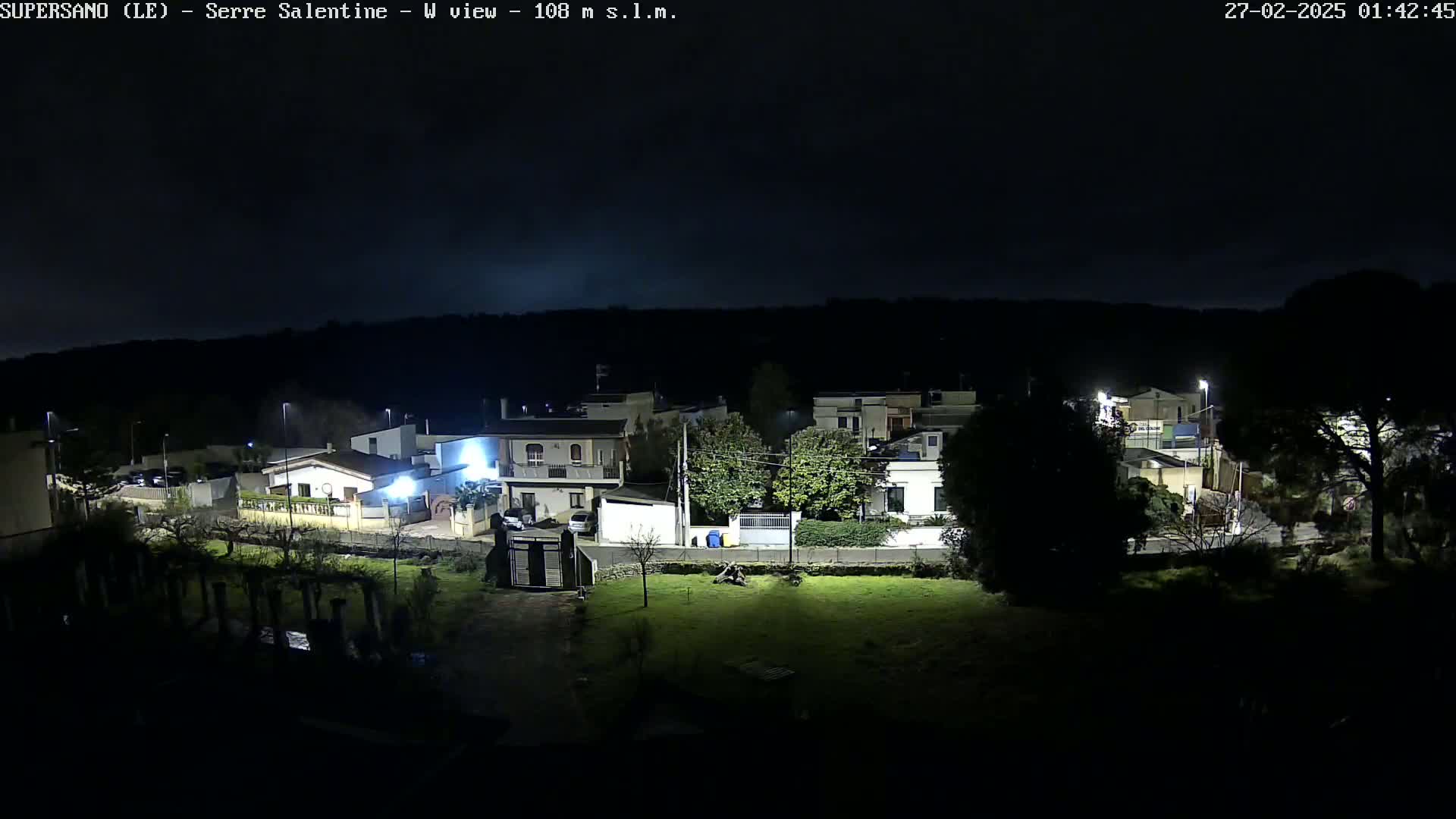 A nighttime view of a residential area illuminated by streetlights, under a dark sky.