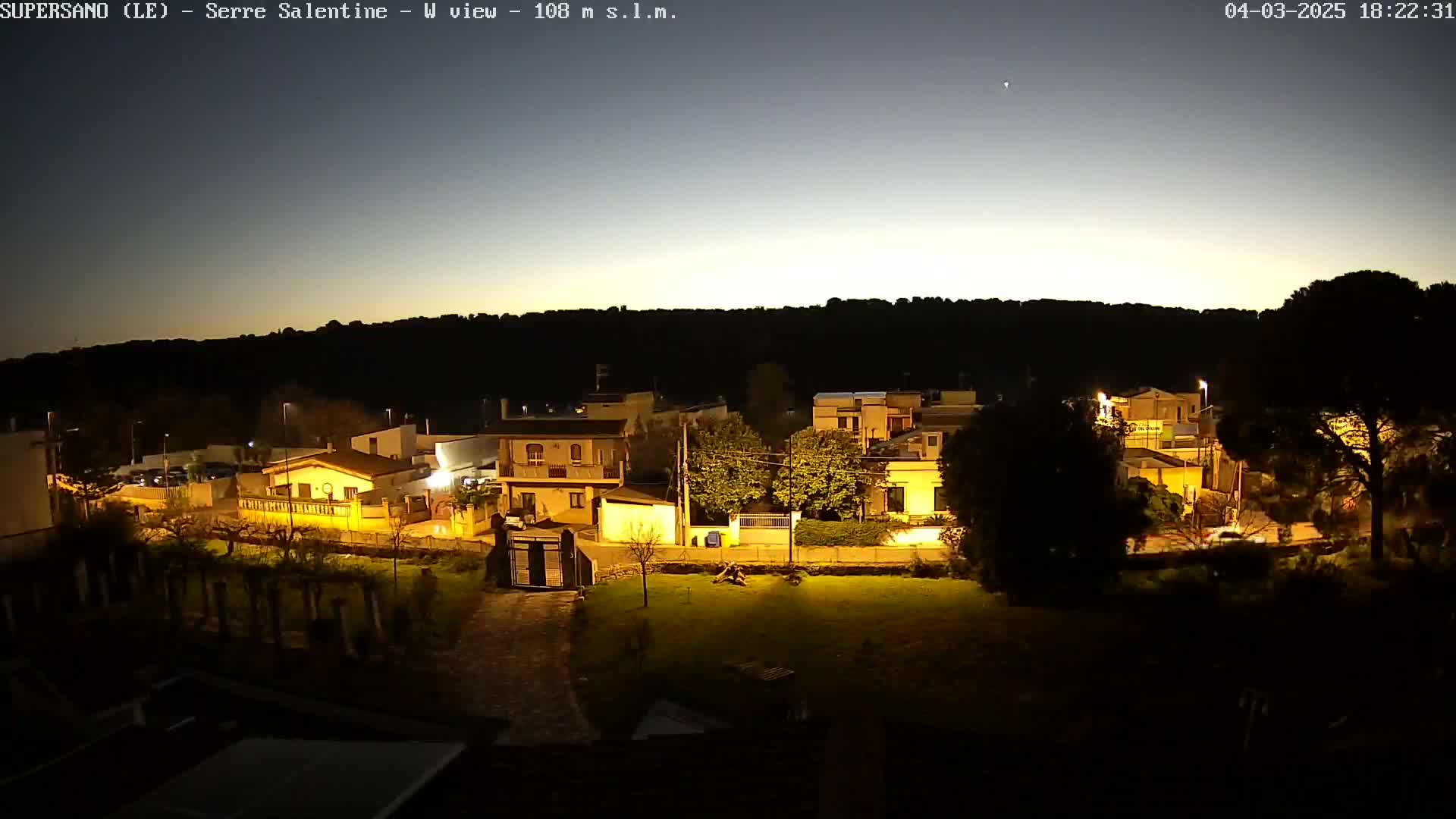 A nighttime view of a residential area illuminated by streetlights, under a twilight sky.