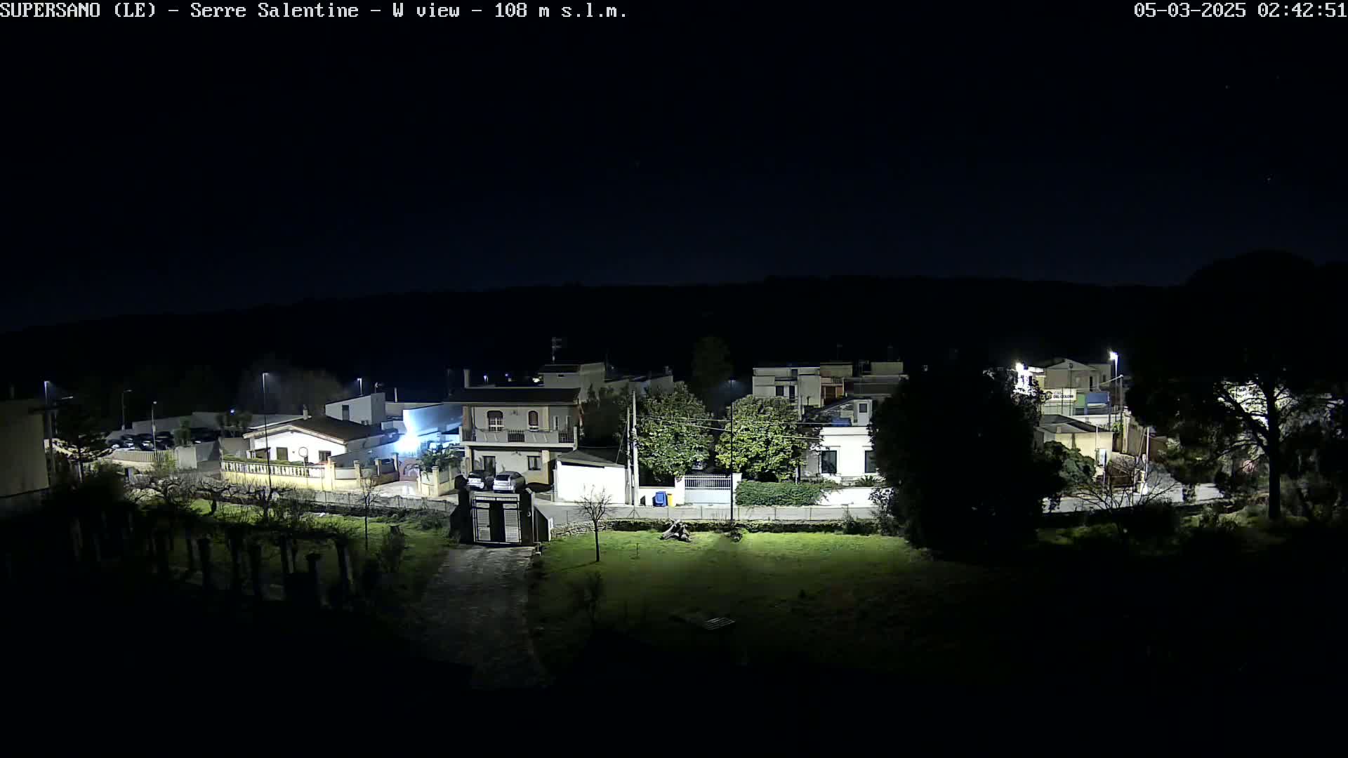 A nighttime view of a residential area with houses illuminated by streetlights under a clear, dark sky.