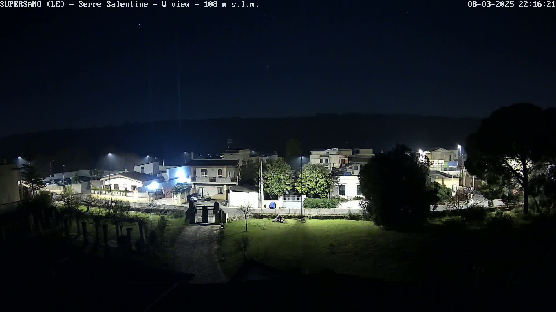 A nighttime view of a residential area with houses illuminated by streetlights under a clear, dark sky.