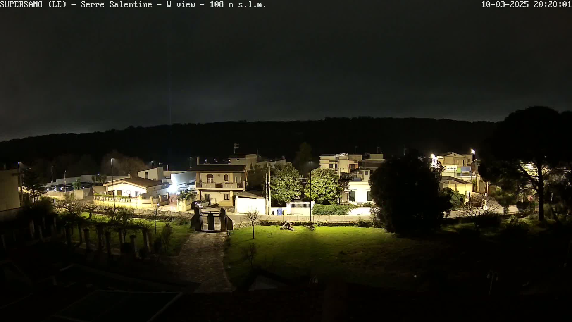 A nighttime view of a residential area with houses illuminated, trees, and a grassy area, under a dark sky.