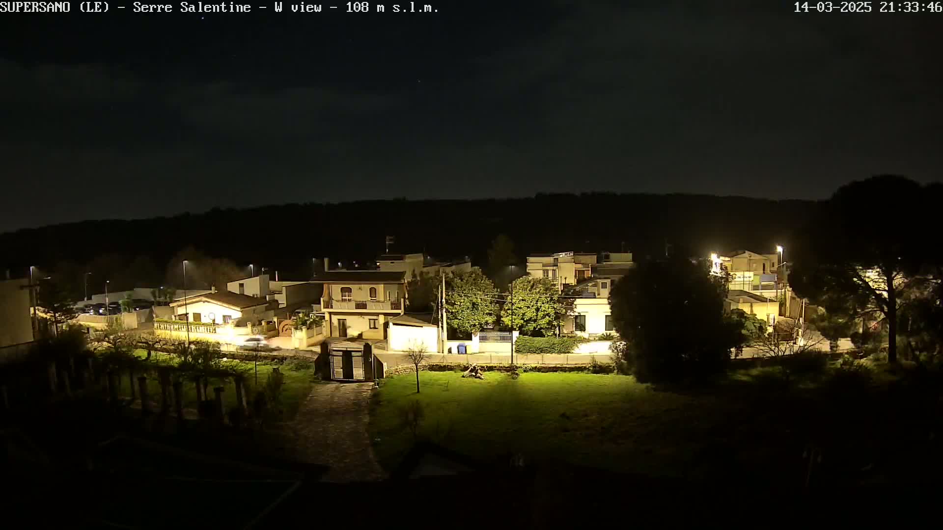 A nighttime view of a residential area illuminated by streetlights under a mostly clear sky.