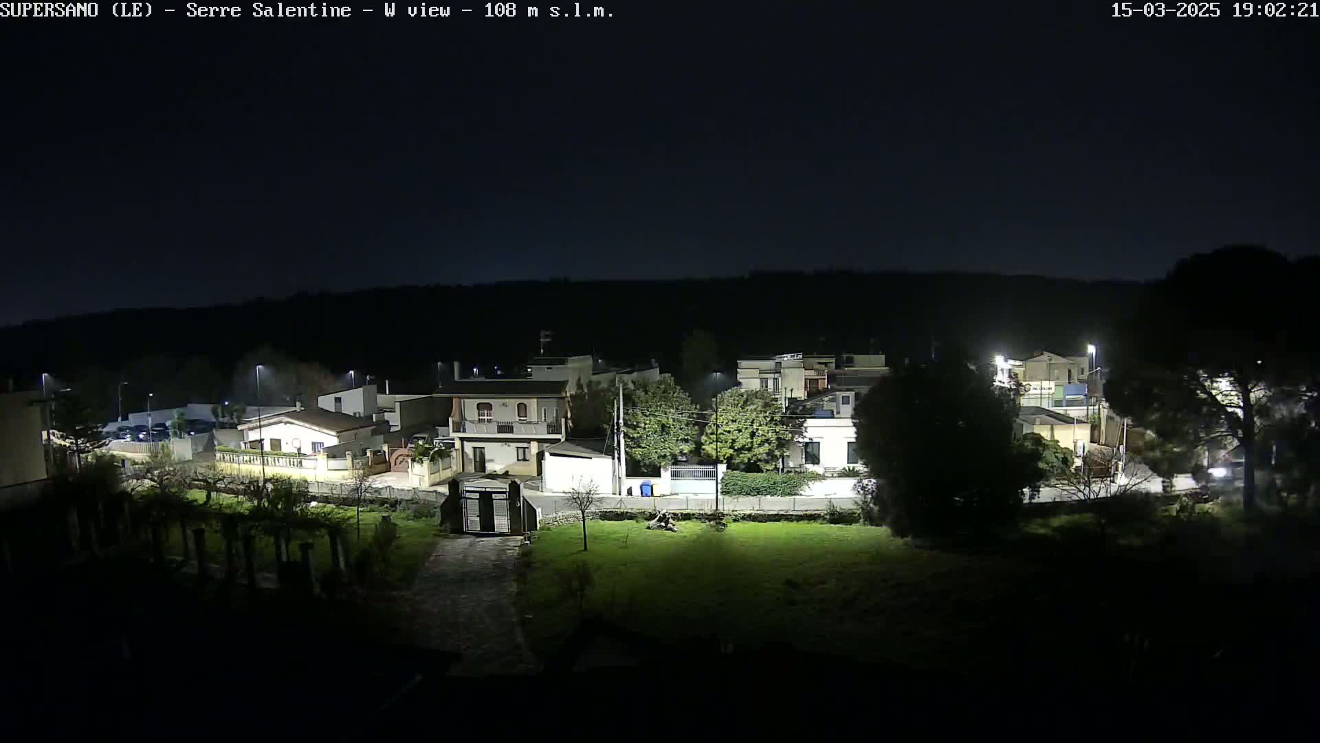 A nighttime view of a residential area with houses and streetlights illuminated under a clear, dark sky.