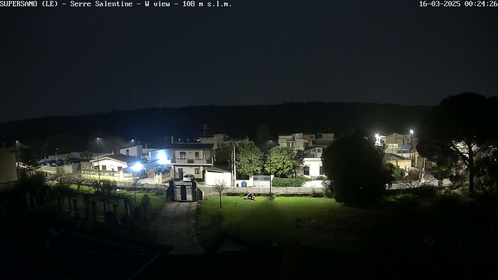 A nighttime view of a residential area, illuminated by streetlights, under a clear, dark sky.
