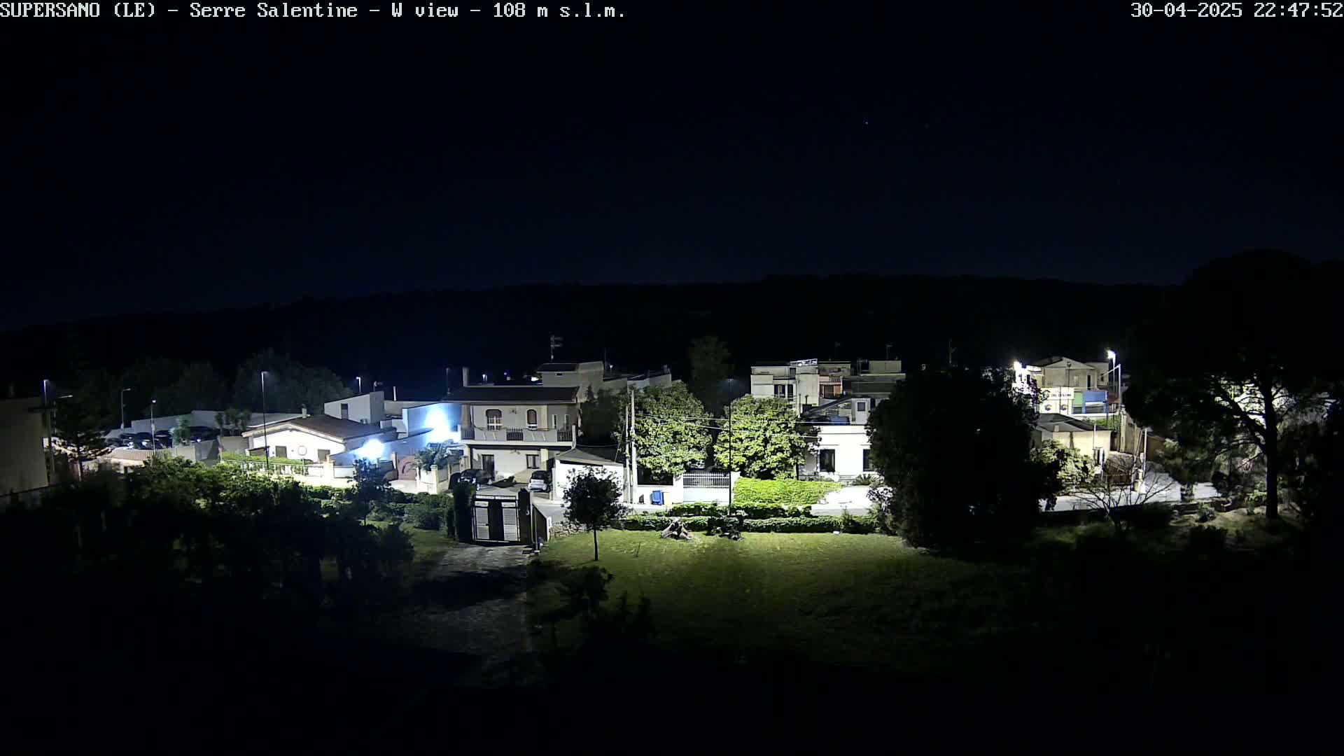 A nighttime, overhead view of a residential area with houses illuminated by streetlights under a clear, dark sky.