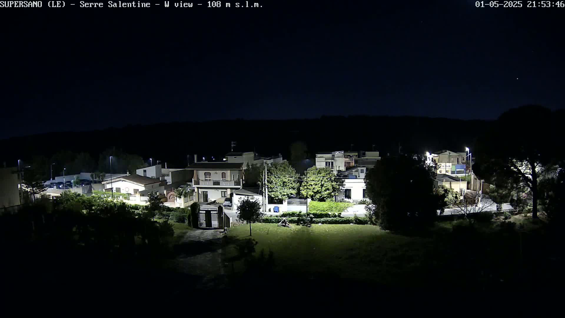 A nighttime view of a residential area illuminated by streetlights, under a clear, dark sky.