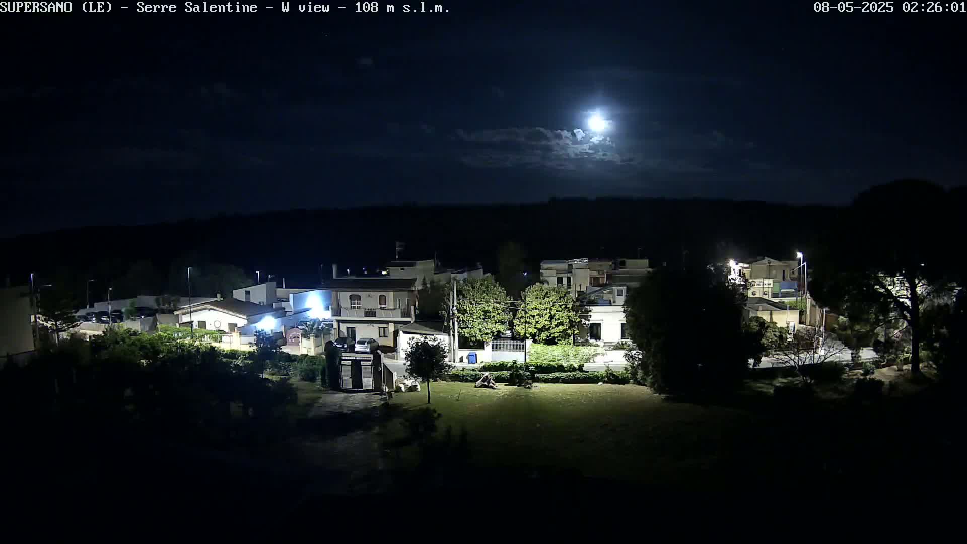 A nighttime view of a residential area with streetlights illuminating houses and trees under a partly cloudy sky with a bright moon.