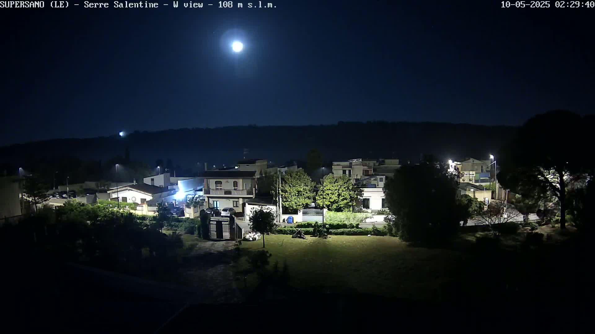 A bright moon illuminates a nighttime residential area with houses and trees, under a clear sky.