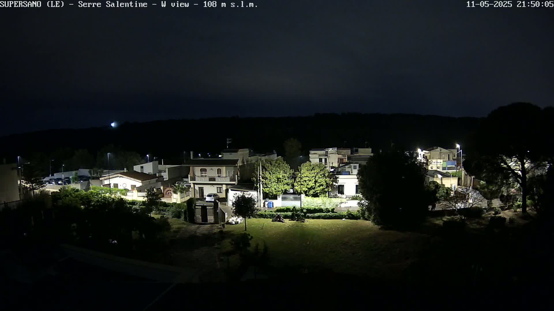 A nighttime view of a residential area with houses and trees illuminated by streetlights under a dark sky.