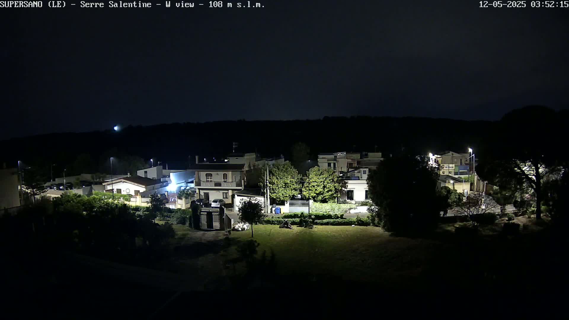A nighttime view of a residential area with houses and trees under a dark, clear sky.