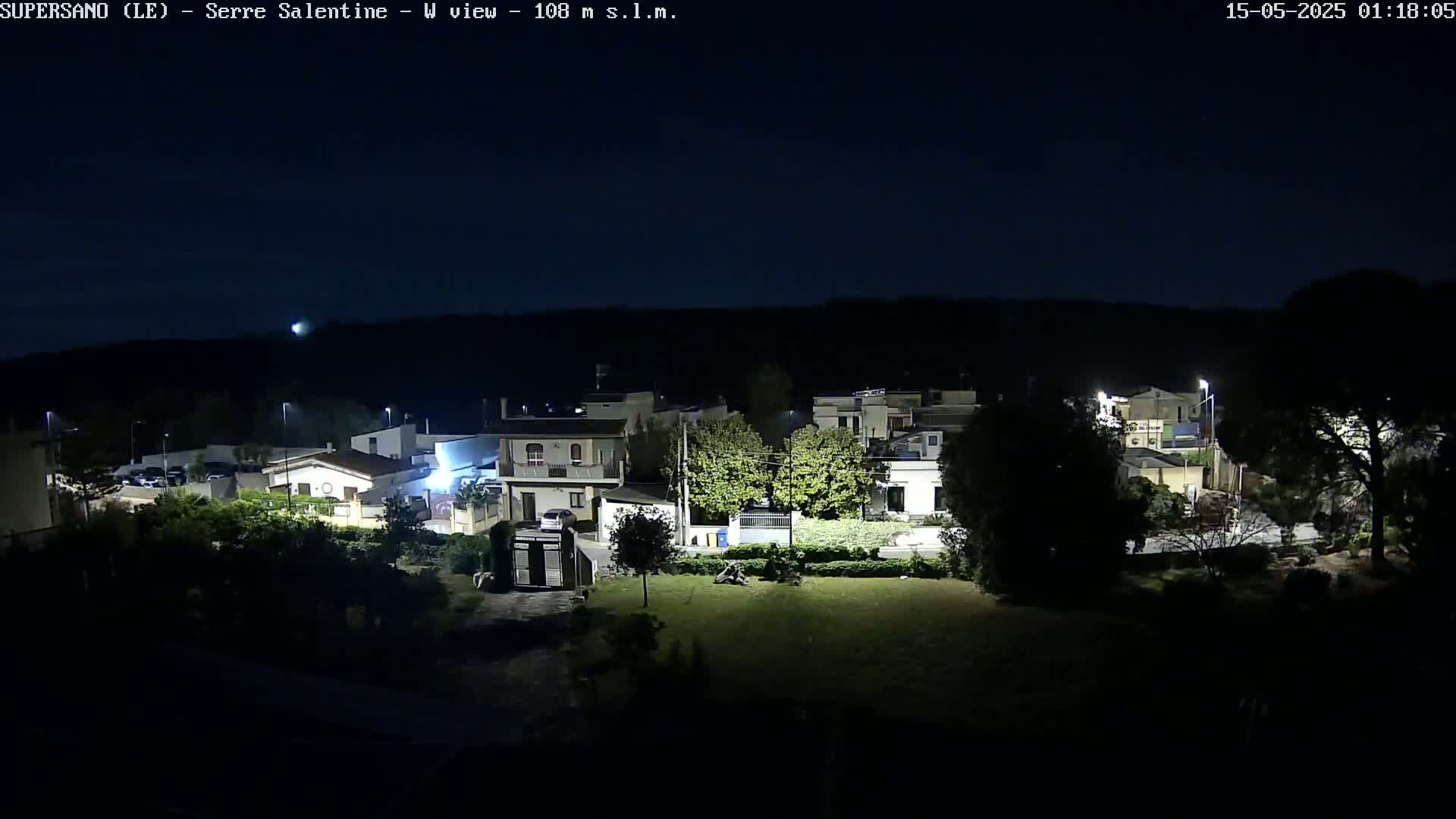 A nighttime view of a residential area with houses and trees, under a clear, dark sky.