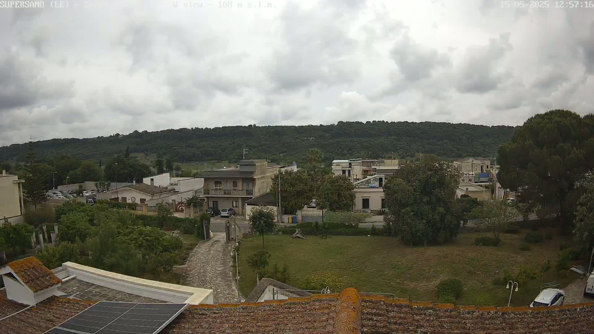 A view from a rooftop shows a residential area nestled below a tree-covered hill under a cloudy sky.