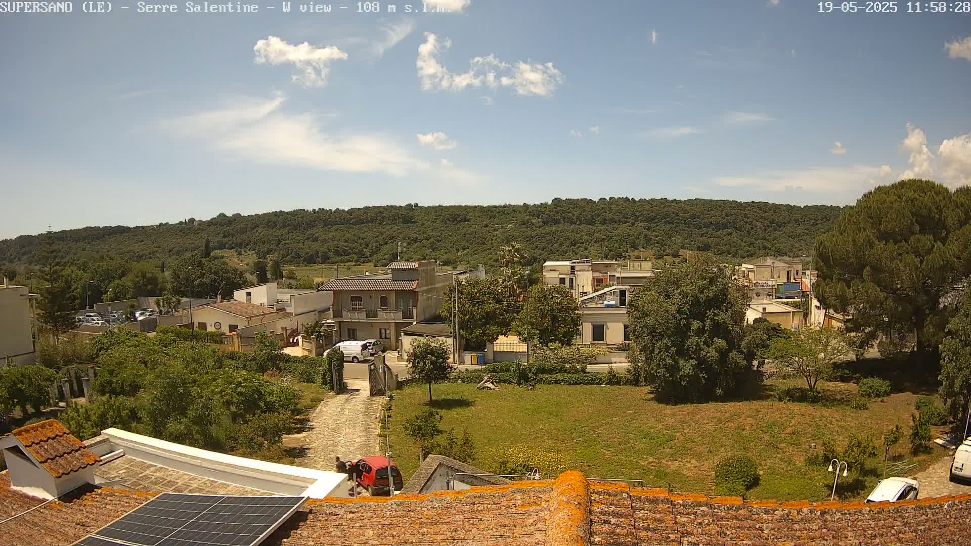 A partly sunny day reveals a view of a residential area nestled against a verdant hillside, with cars parked and people visible near buildings and yards.