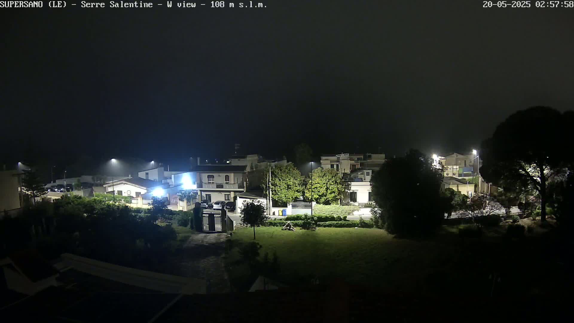 A nighttime view of a residential area shrouded in fog, with illuminated buildings and streetlights visible.
