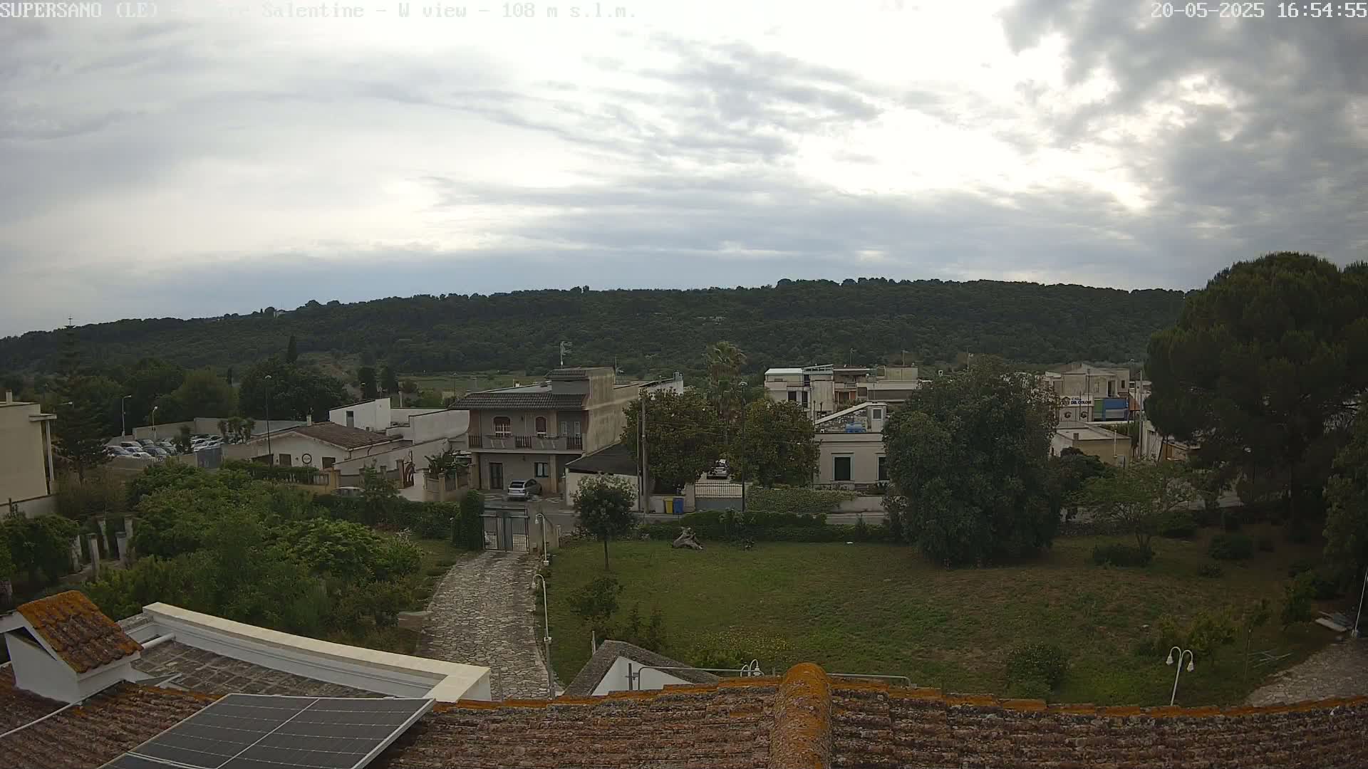 A view of a residential area with overcast skies shows buildings nestled amongst green vegetation and a hill in the background.