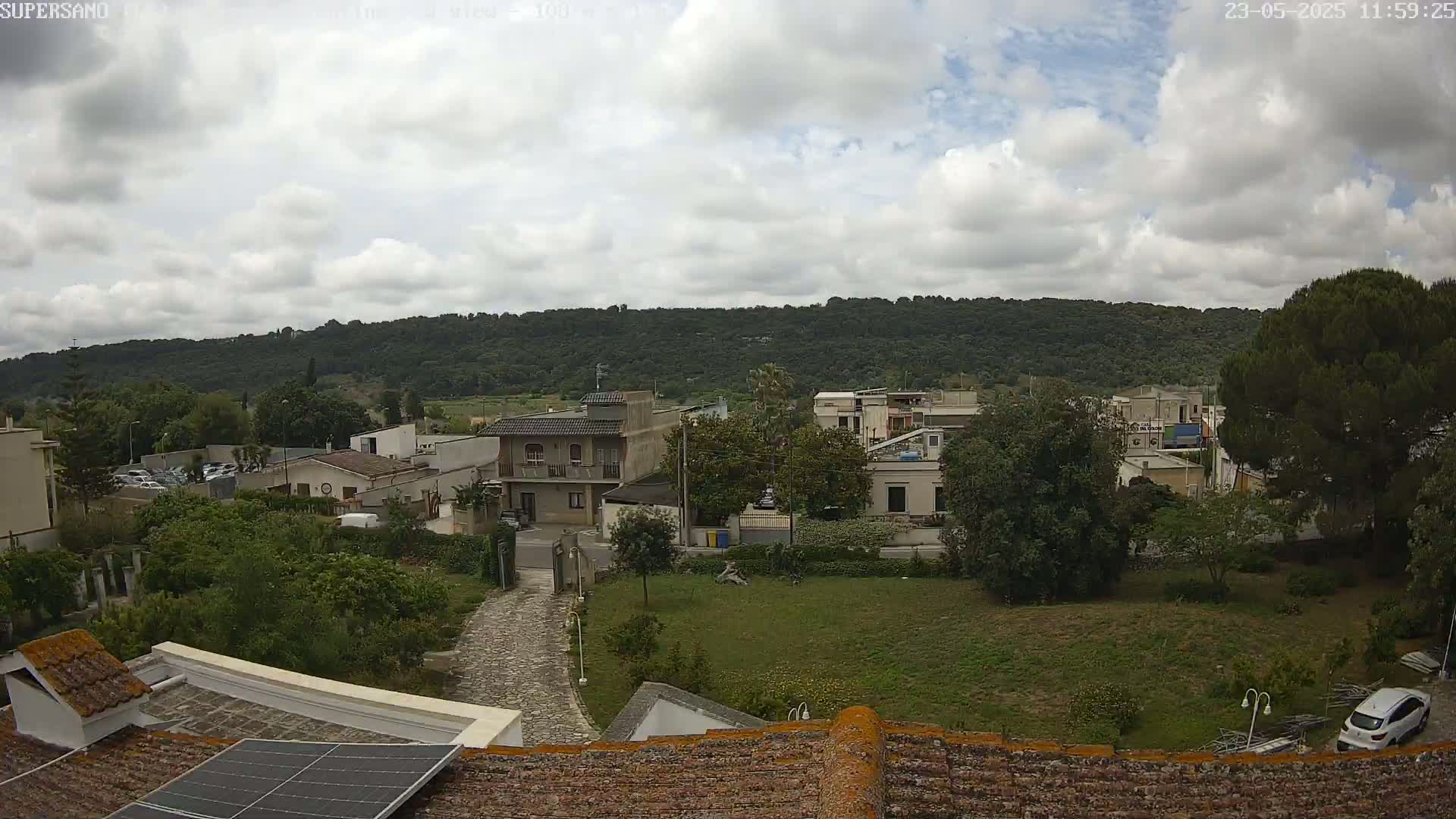 A partly cloudy day overlooks a residential area nestled against a verdant hillside, with a view from a rooftop showing a paved driveway, lush vegetation and some cars parked.