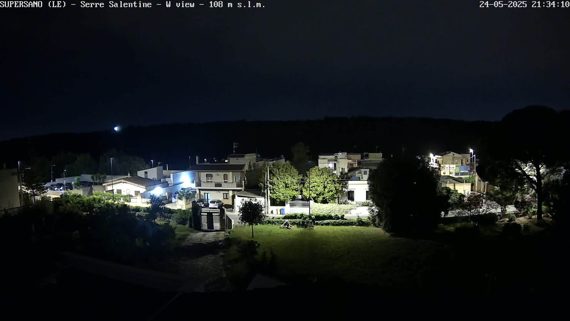 A nighttime view of a residential area with houses and trees illuminated by streetlights under a clear, dark sky.