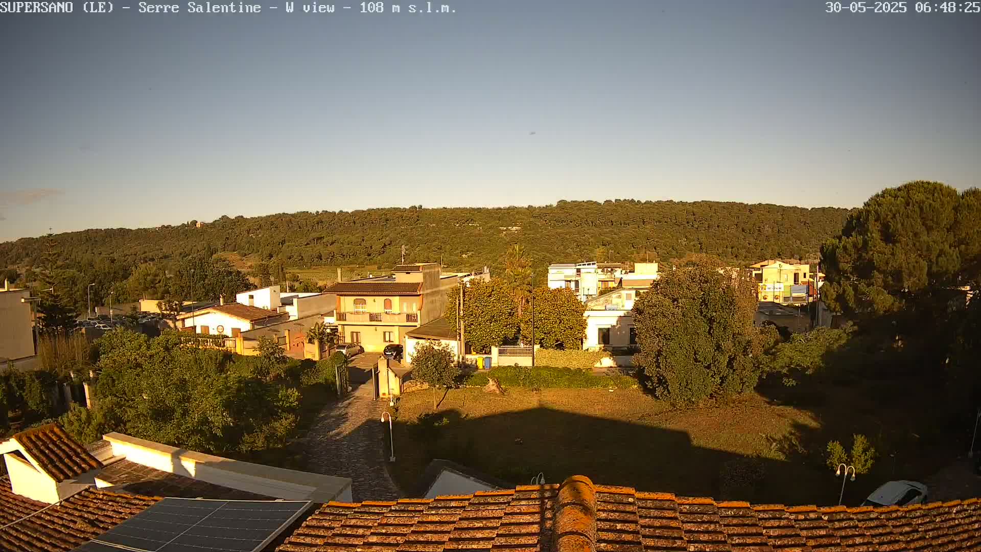 An elevated view of a residential area with low buildings, green trees, and a hill covered in forest in the background under a clear, sunny sky.