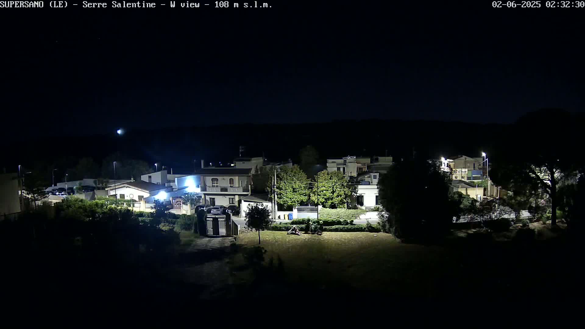 A nighttime view of a residential area with streetlights illuminating houses and trees under a clear, dark sky.
