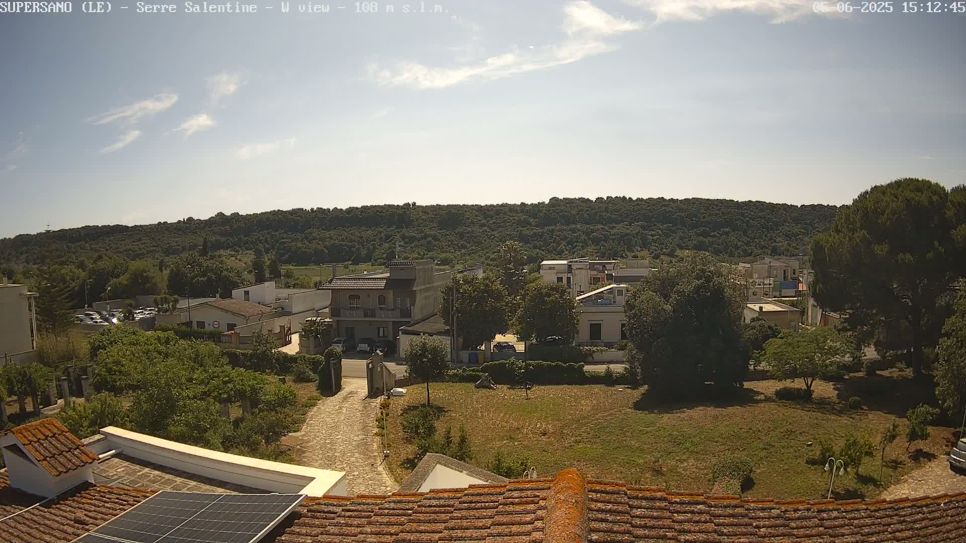 A rooftop view on a partly sunny day shows a residential area nestled below a tree-covered hill.