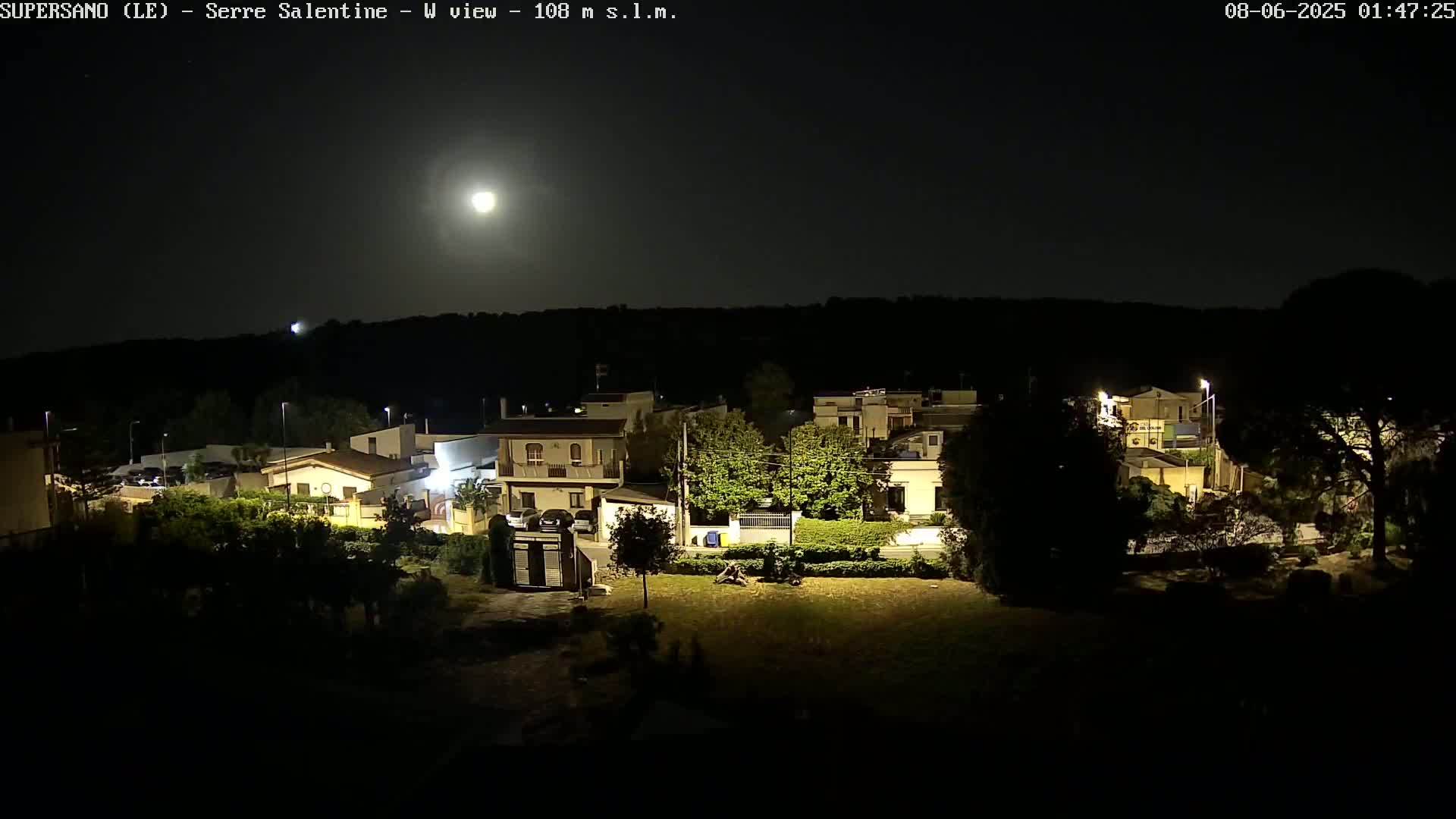 A bright moon illuminates a nighttime residential area with houses and trees under a clear sky.