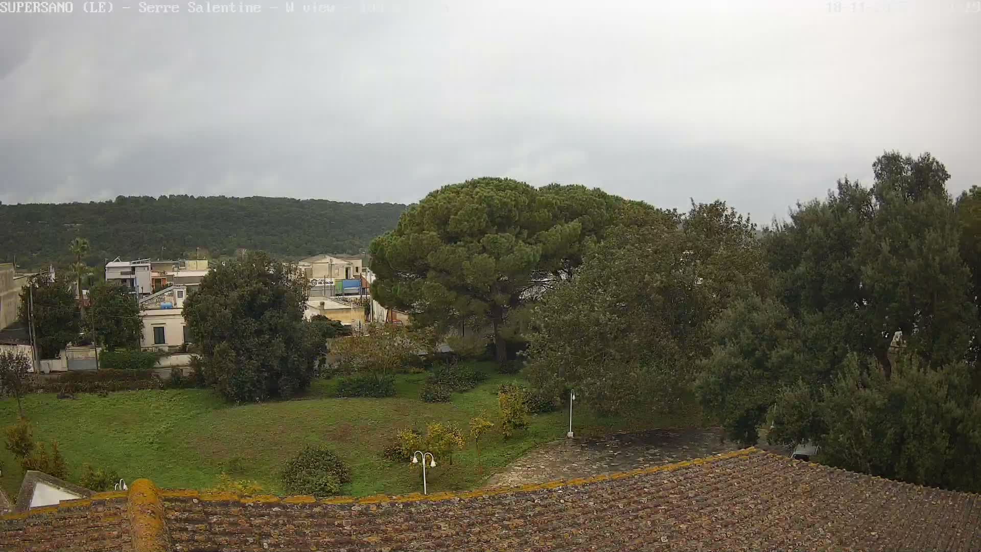 A partly cloudy sky hangs over a tree-covered hillside and a town with various buildings and lush greenery, including a grassy area and a parked car, viewed from above a tiled roof.