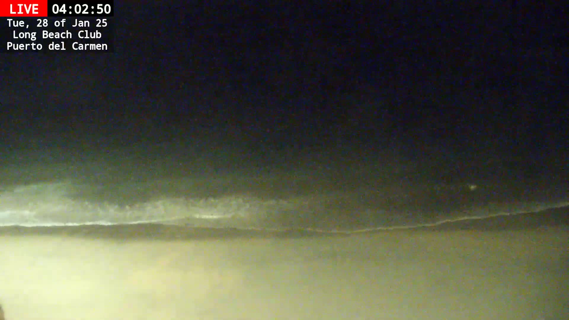 A nighttime, long shot shows a dark beach with waves gently lapping the shore under a dark sky.