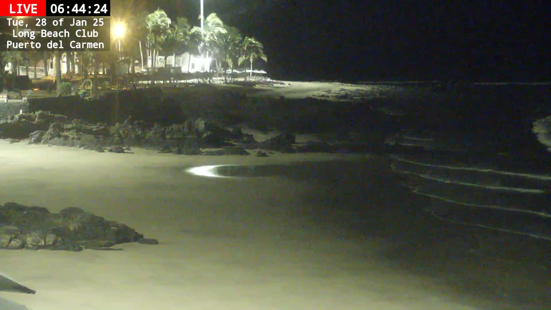 At night, a sandy beach with dark rocks and gentle waves laps at the shore near palm trees and buildings.