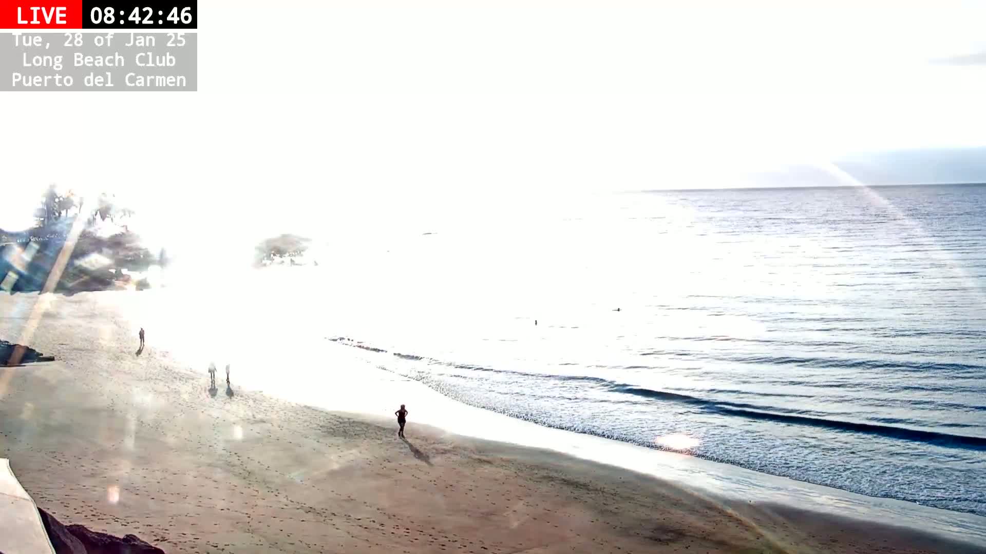 A sandy beach with a few people walking on it meets a bright, somewhat calm ocean under a mostly bright sky.