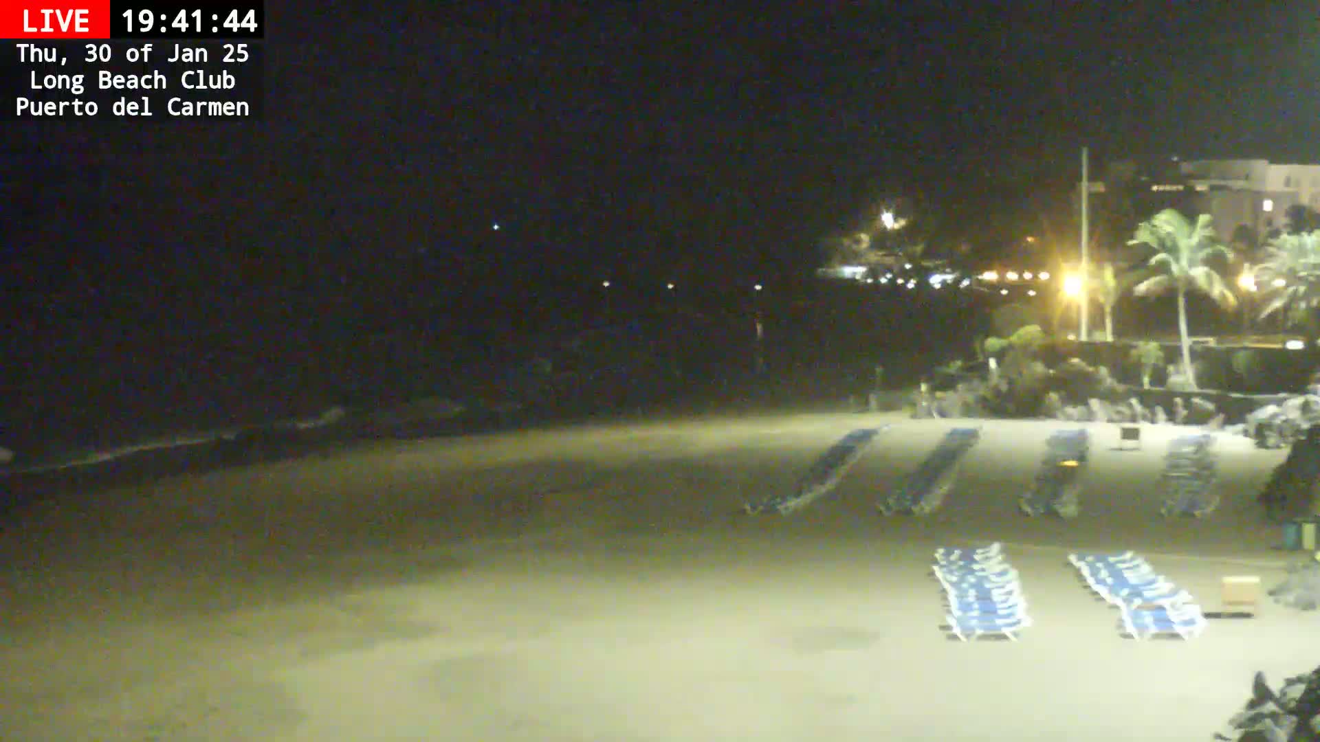 A nighttime view of a mostly empty beach with rows of lounge chairs, palm trees, and a building in the background under a clear, dark sky.