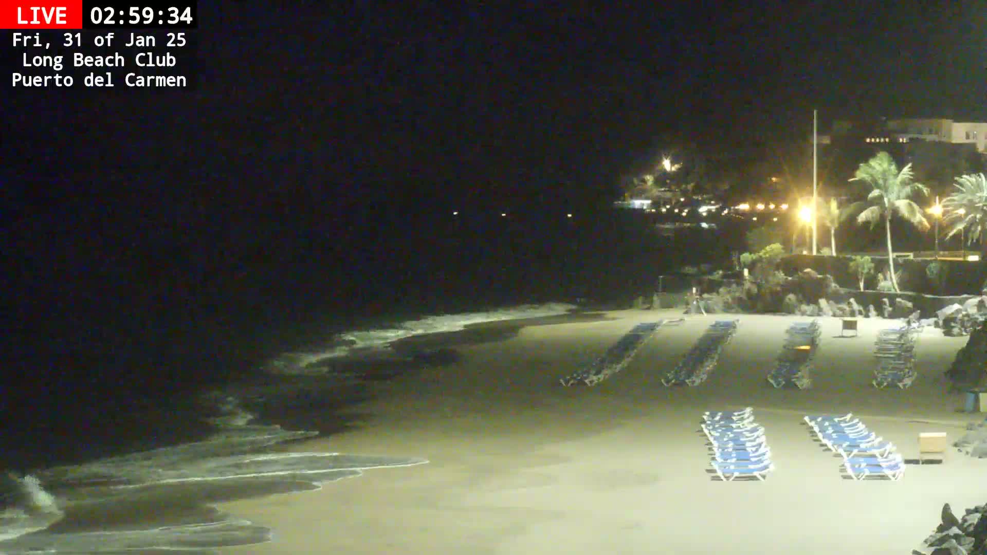 A dark, sandy beach at night with gentle waves and rows of empty lounge chairs under dimly lit palm trees.
