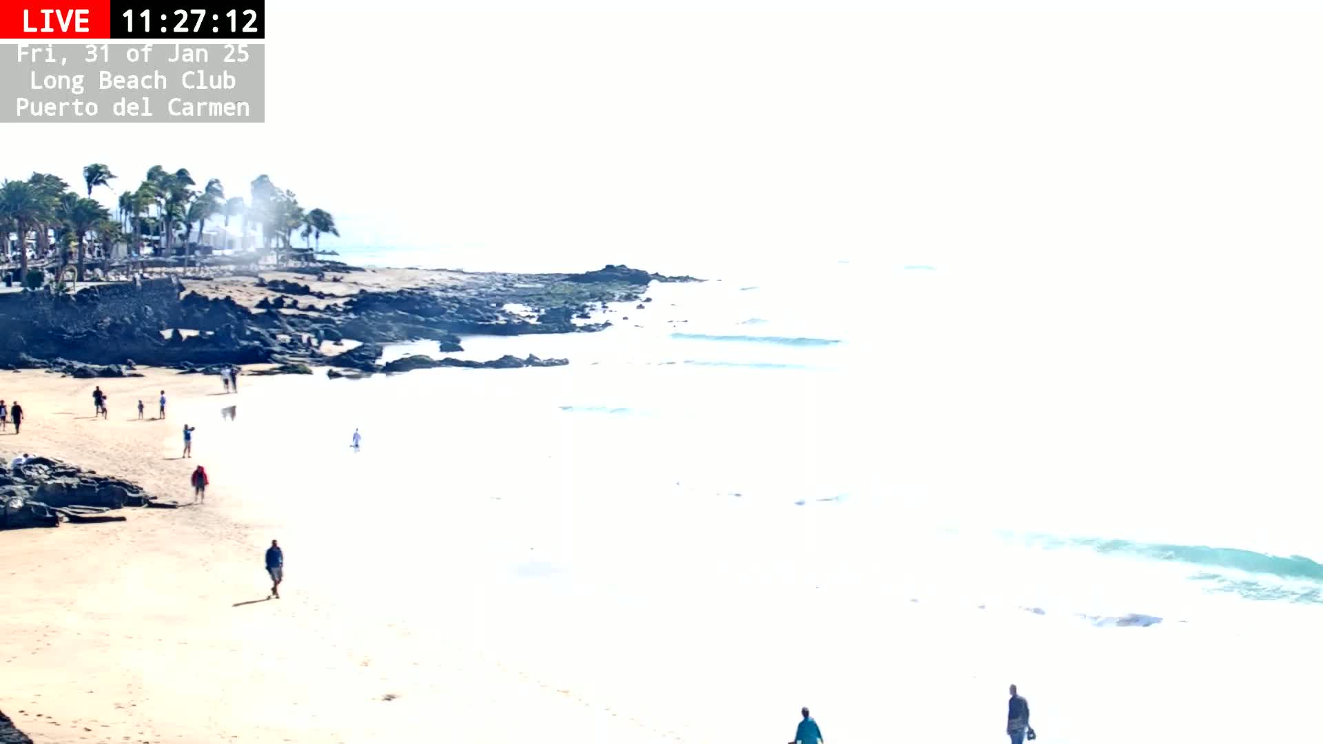 A sandy beach with a few people walking on it, palm trees in the background, and calm ocean waves breaking on a rocky shoreline under a bright, sunny sky.