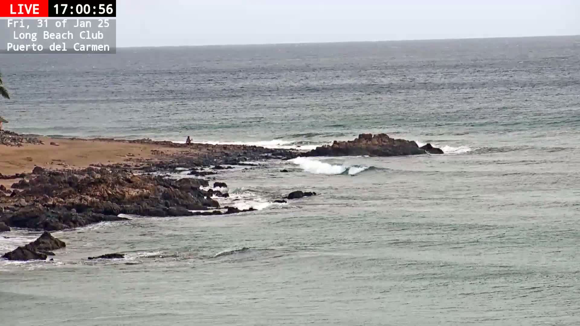 A rocky shoreline with a small sandy beach meets a calm, gray-green ocean under an overcast sky.