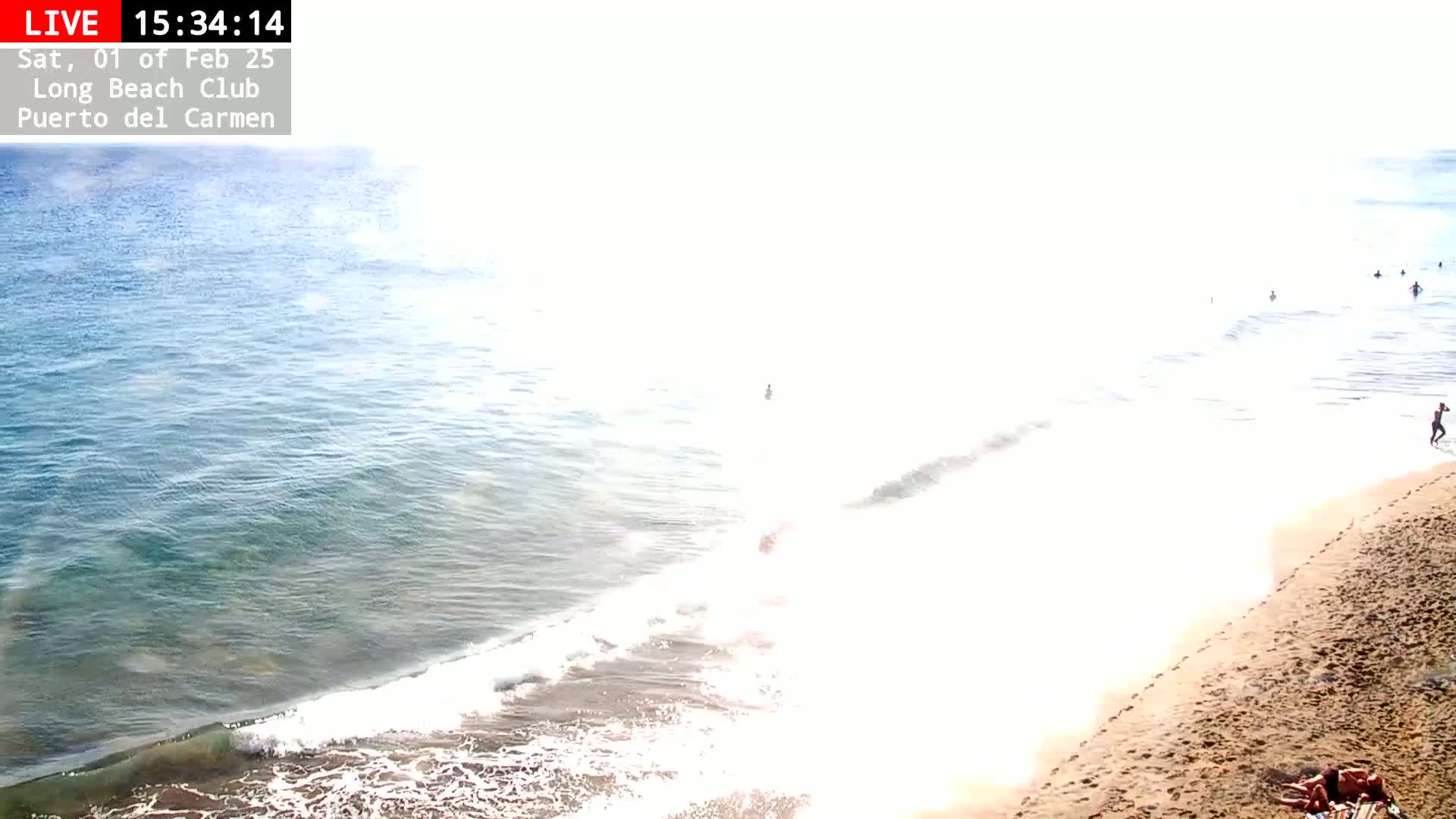A sandy beach with several people swimming and sunbathing in the bright sunlight, with gentle waves lapping the shore.