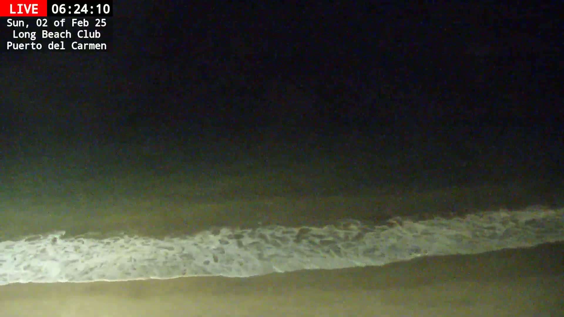A nighttime view of a beach shows gentle waves lapping at the shore under a dark sky.