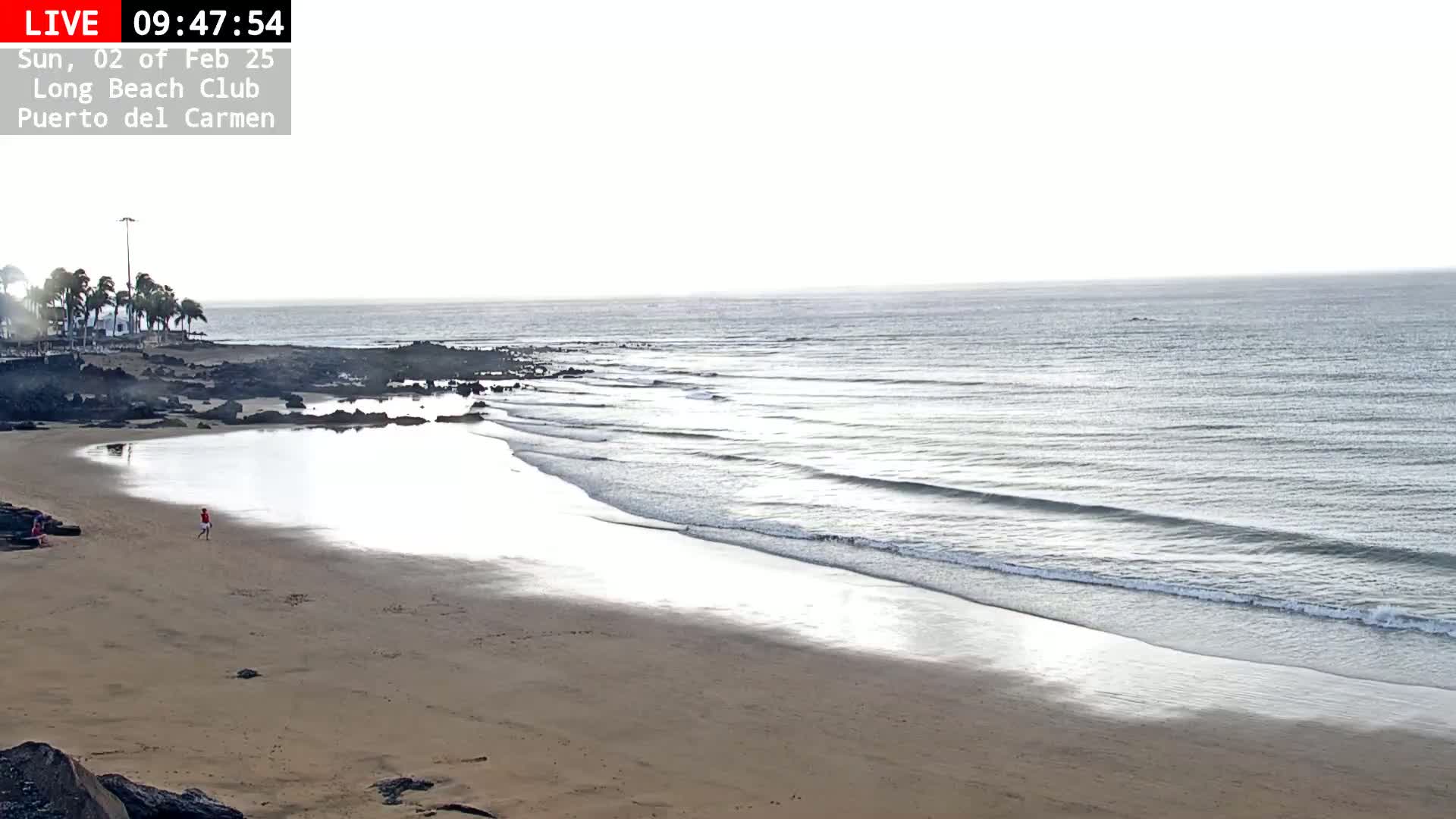 A person walks on a sandy beach near calm ocean waves under a bright, overcast sky.