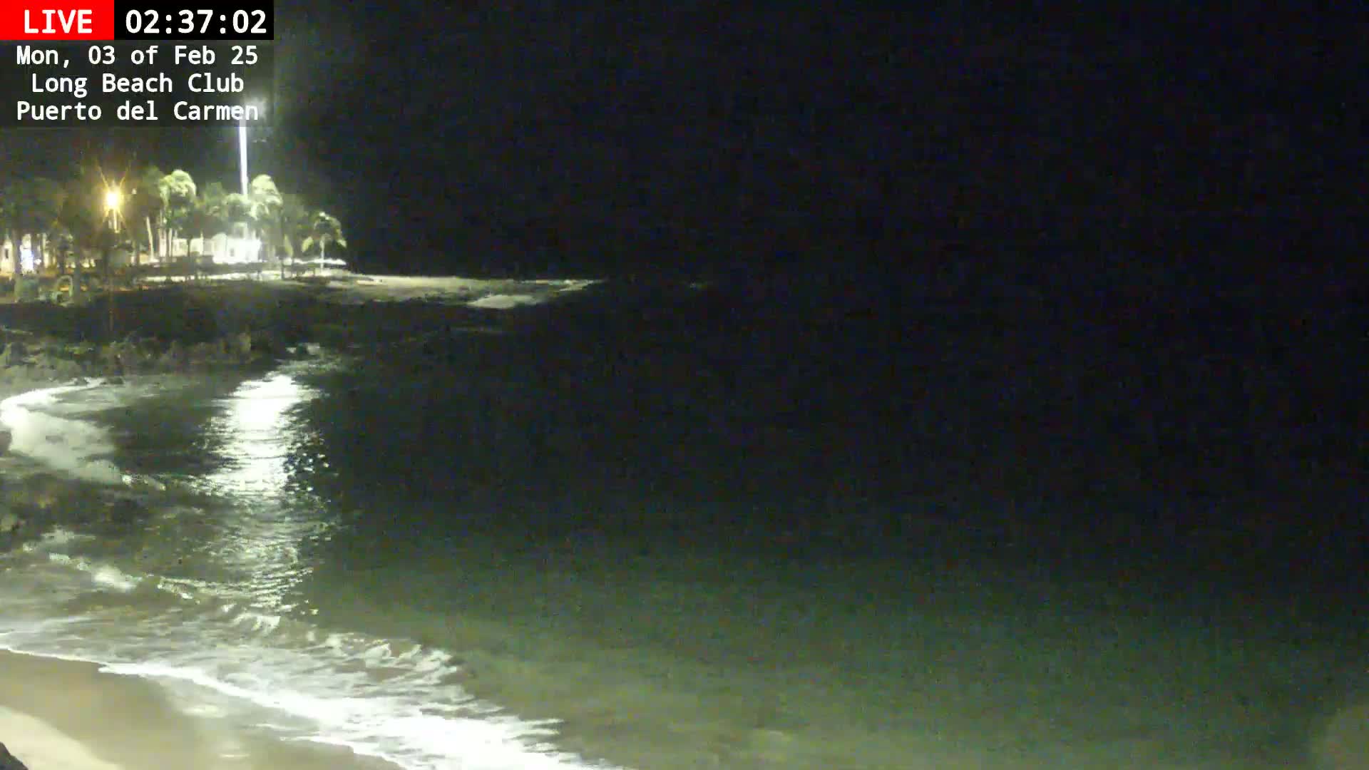 A dark nighttime beach scene shows calm ocean waves lapping a sandy shore under a clear, starless sky.