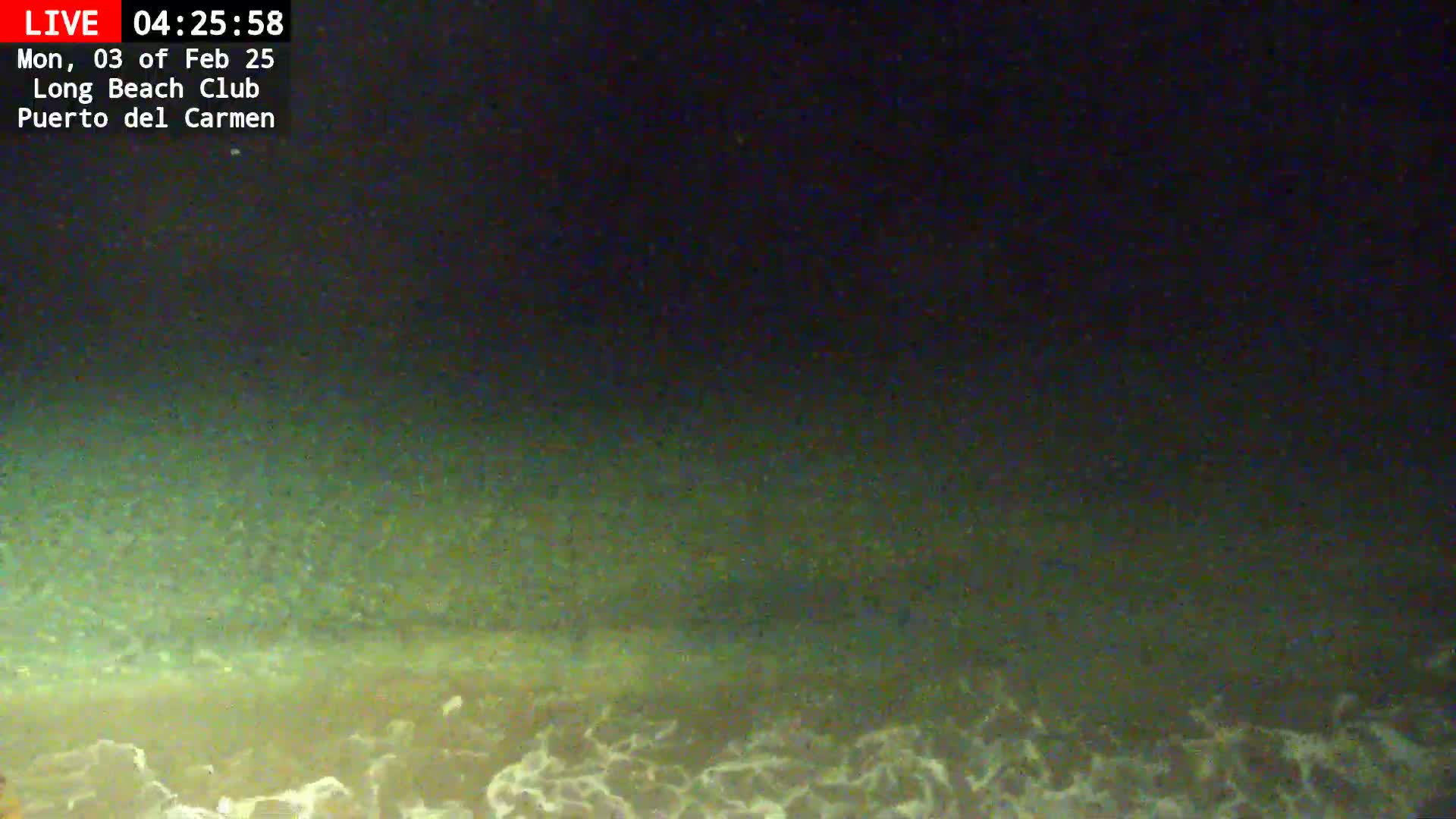 A nighttime beach scene shows gently lapping waves on a sandy shore under a dark sky.