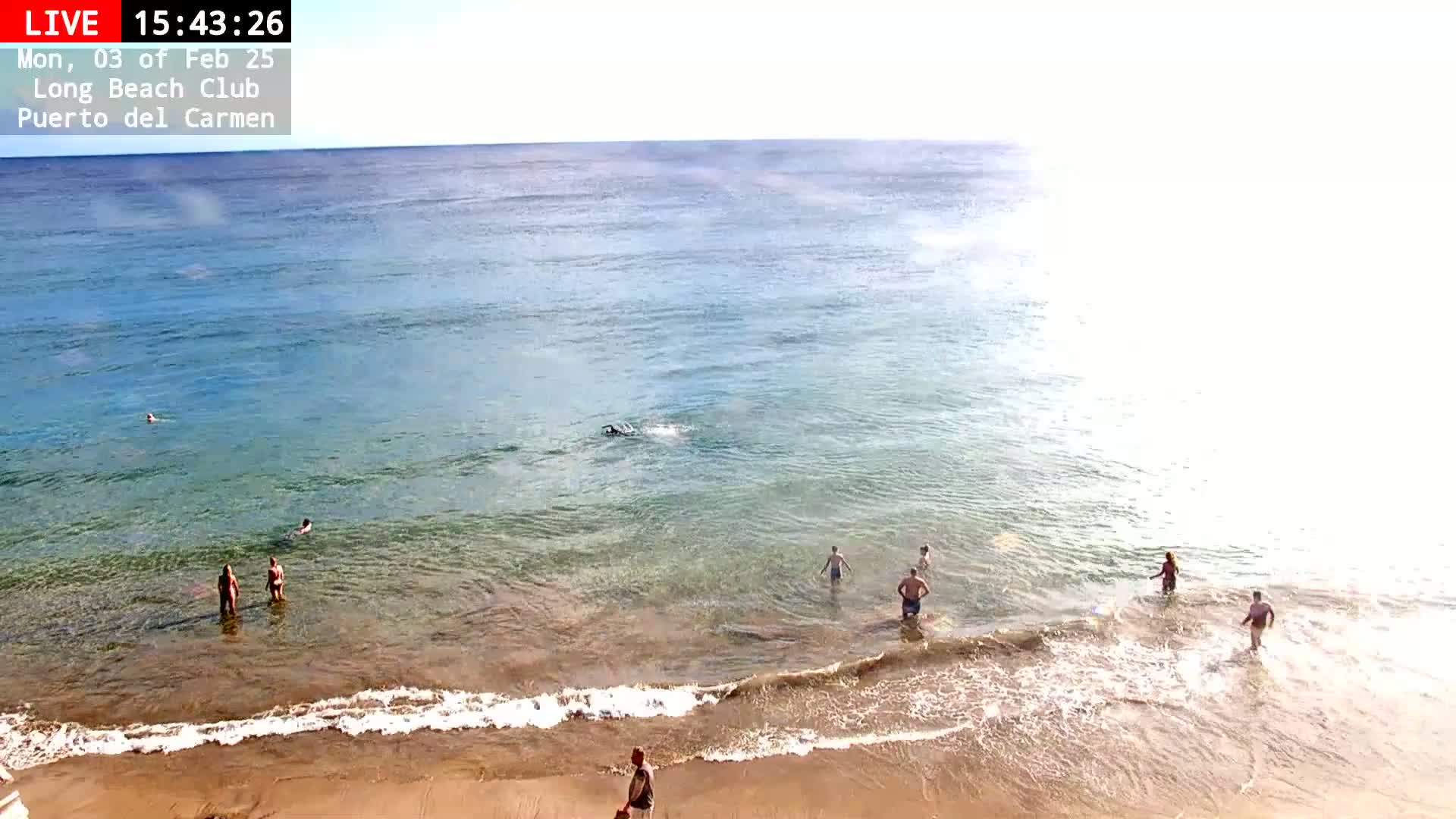 Several people are wading in shallow, clear ocean water on a sunny day at a sandy beach.