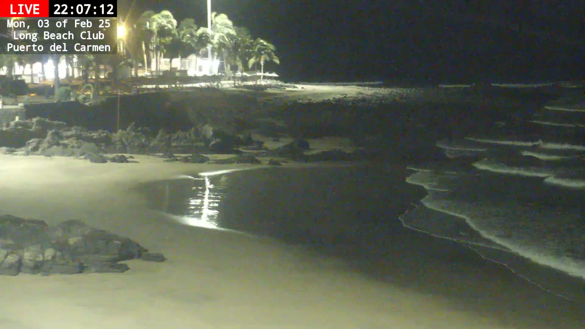 A nighttime beach scene shows gently lapping waves on a sandy shore with dark rocks and palm trees visible in the background under a dark sky.