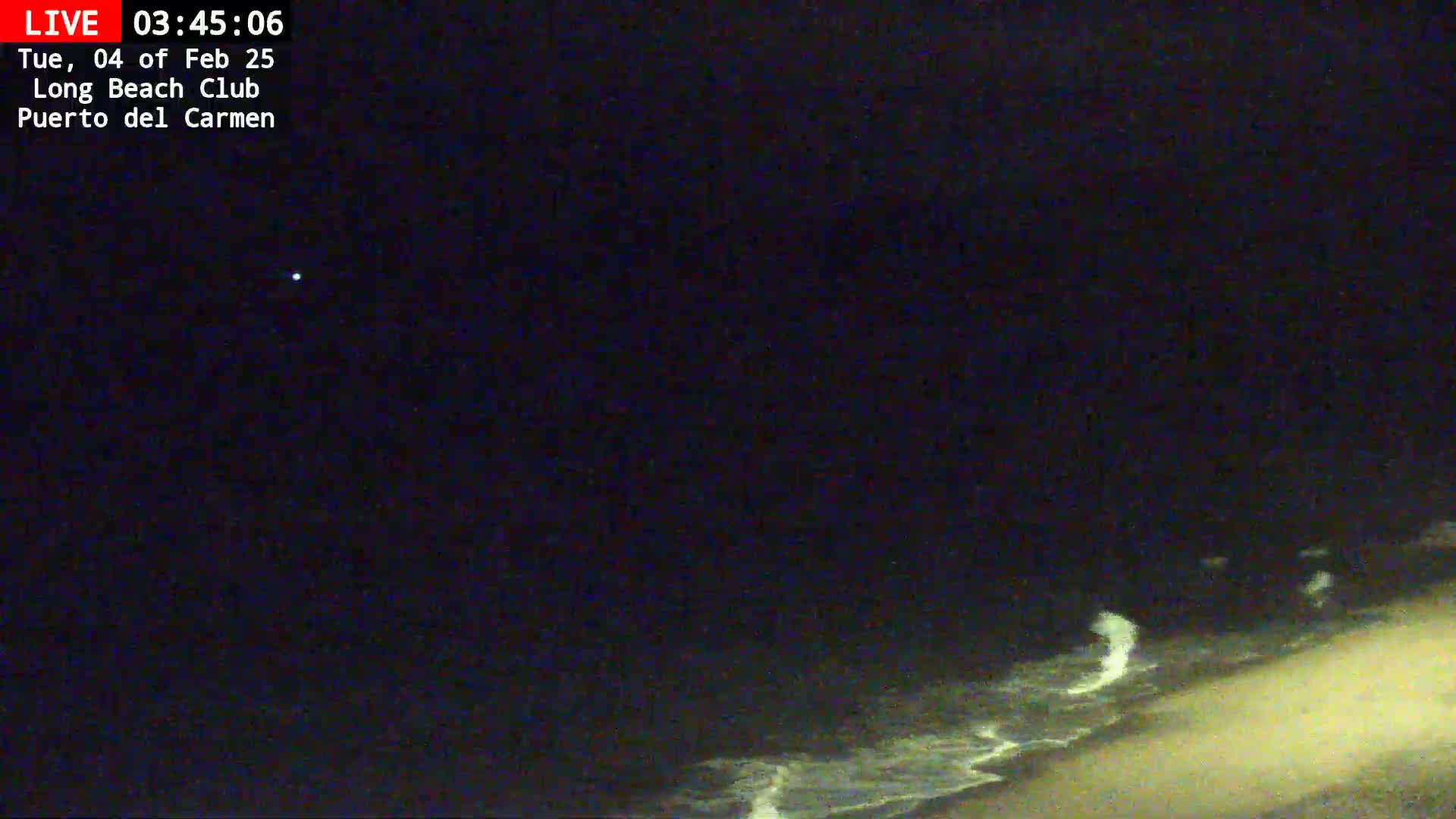A dark nighttime beach scene shows a sandy shore and gently lapping waves under a clear, starlit sky.