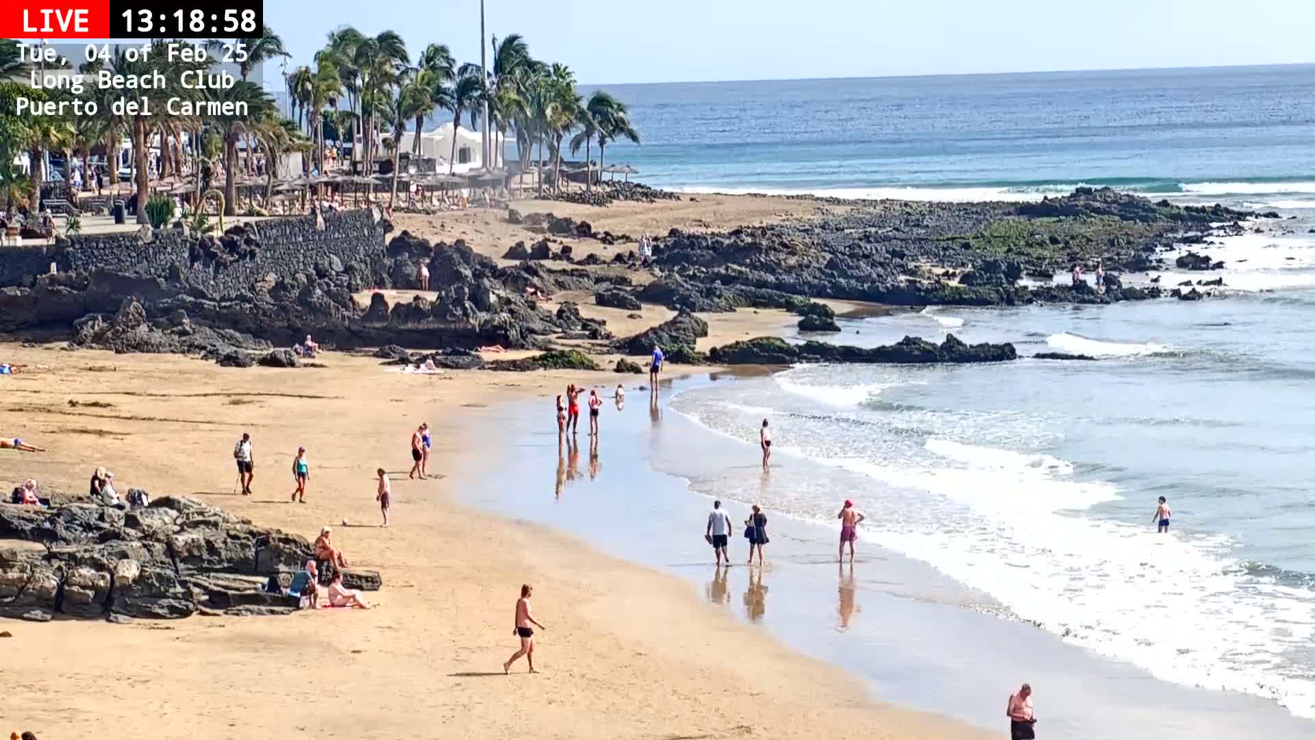 A sandy beach with dark volcanic rocks, palm trees, and numerous people enjoying the sunny day, with gentle waves rolling onto the shore.